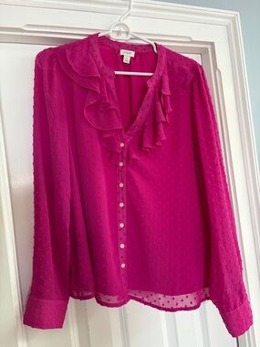 J. Crew Fuchsia Ruffle Swiss Dot Button-Front Blouse